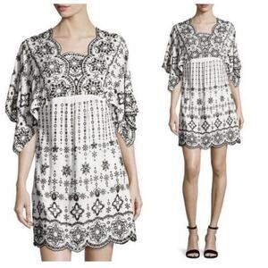 Parker Beth White Black Embroidered Shift Dress Kimono Sleeves XL Boho Resort